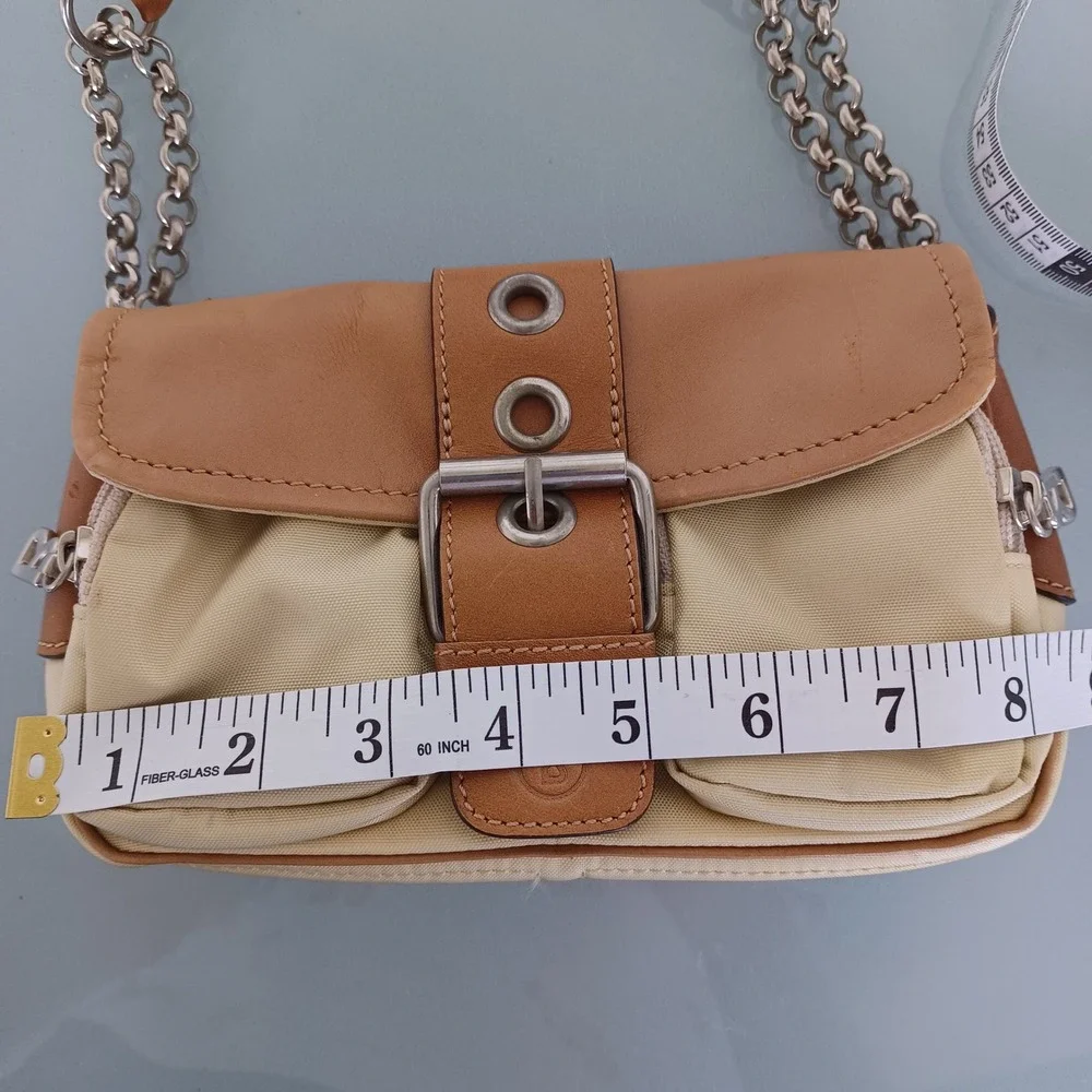 Bogner Tan Nylon Leather Buckle Baguette Shoulder‎ Bag Silver Chain Strap Y2K